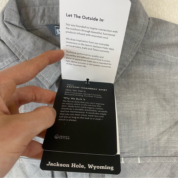 NWT Stio Men’s Small Ashton Chambray Shirt Pearl Snap Gray Long Sleeve Hiking - Picture 3 of 11